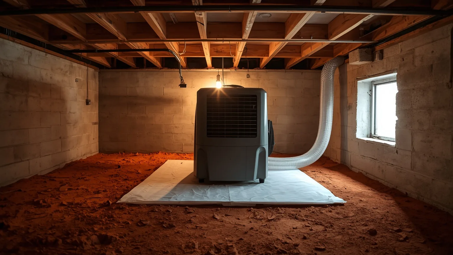 Crawl space dehumidifier standing on liner with a condensate hose