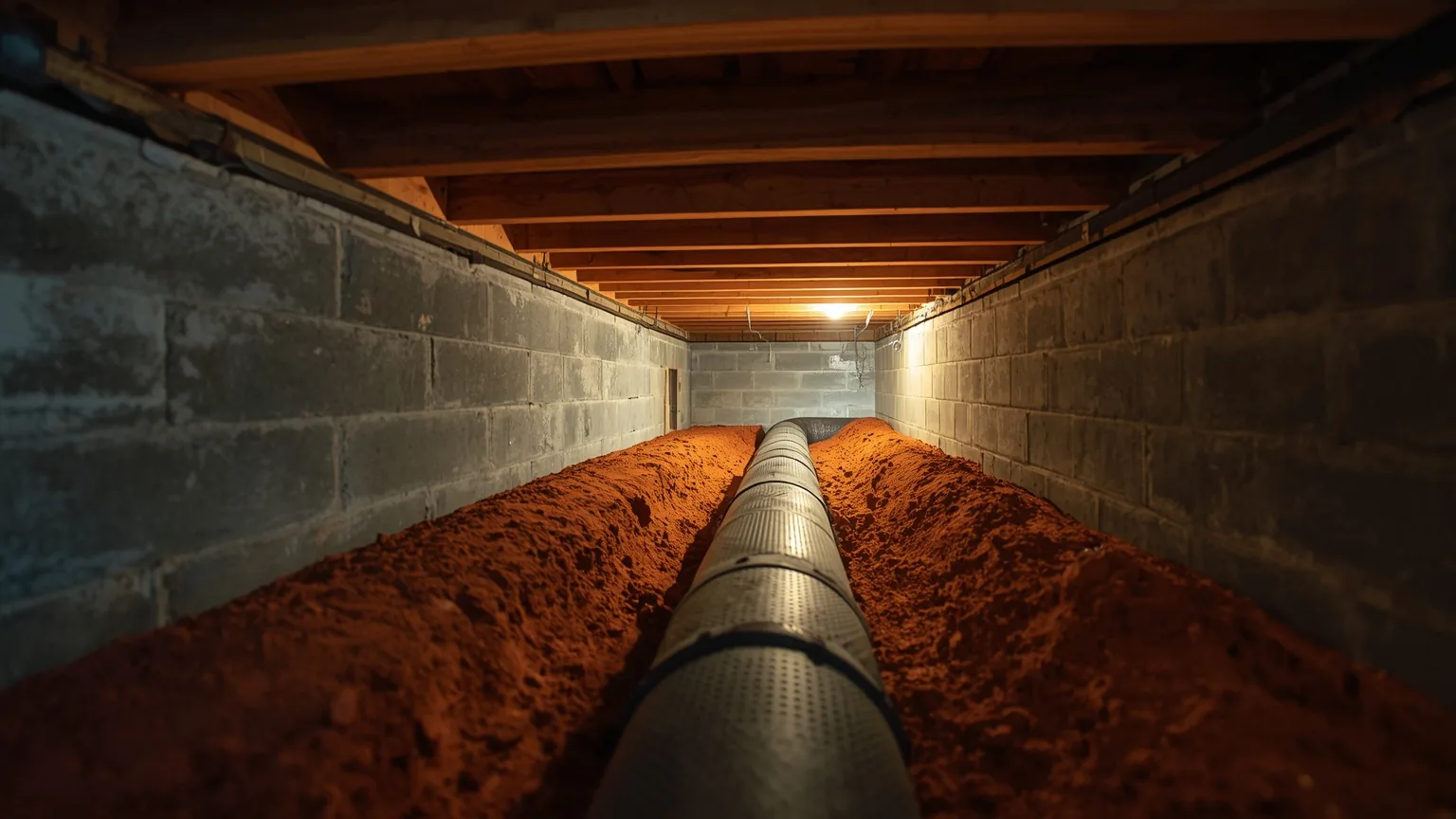 Perforated drainage pipe in a stone trench cut into red clay beside a block wall