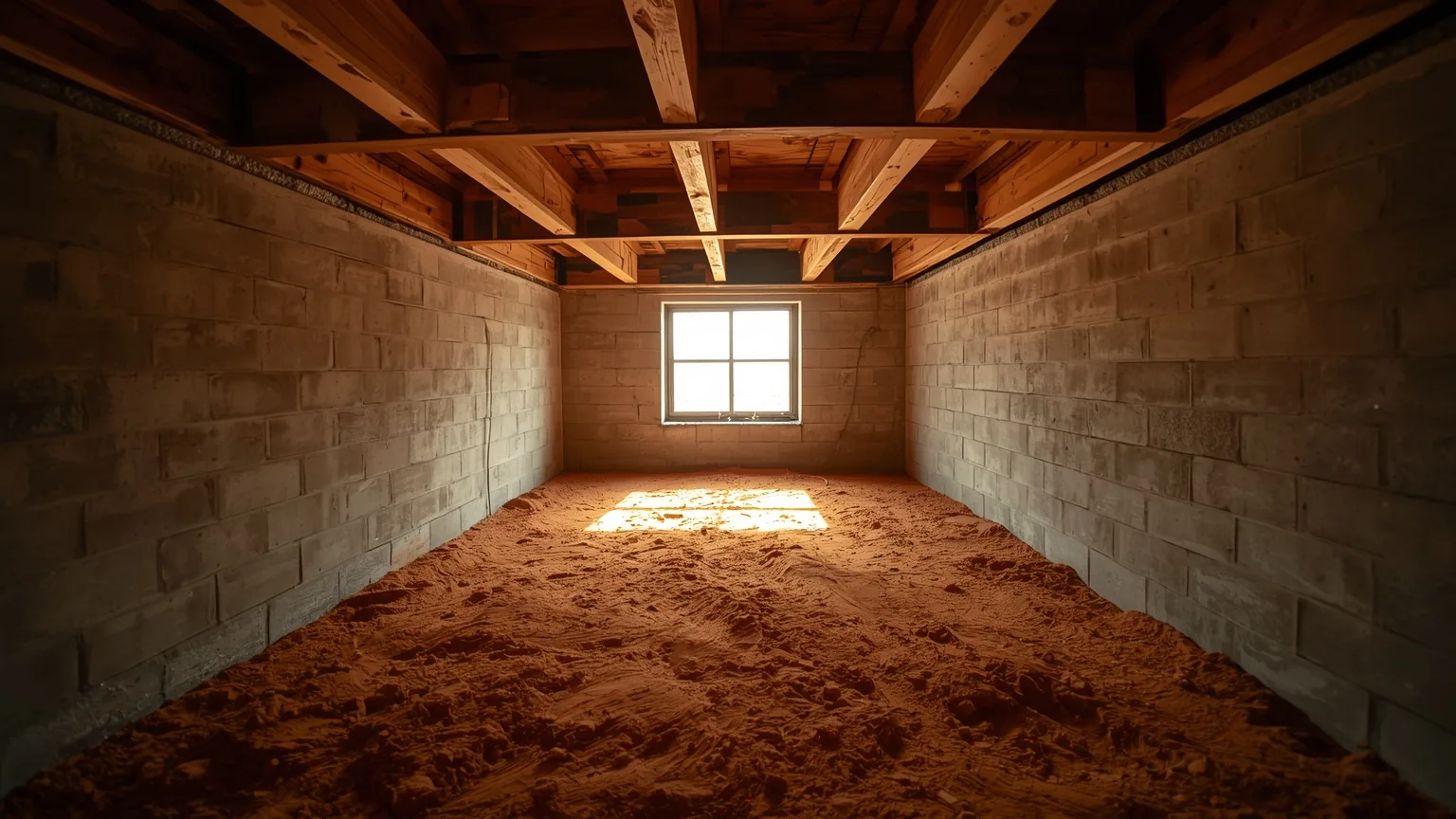 Open crawl space access hatch letting daylight into the void beyond