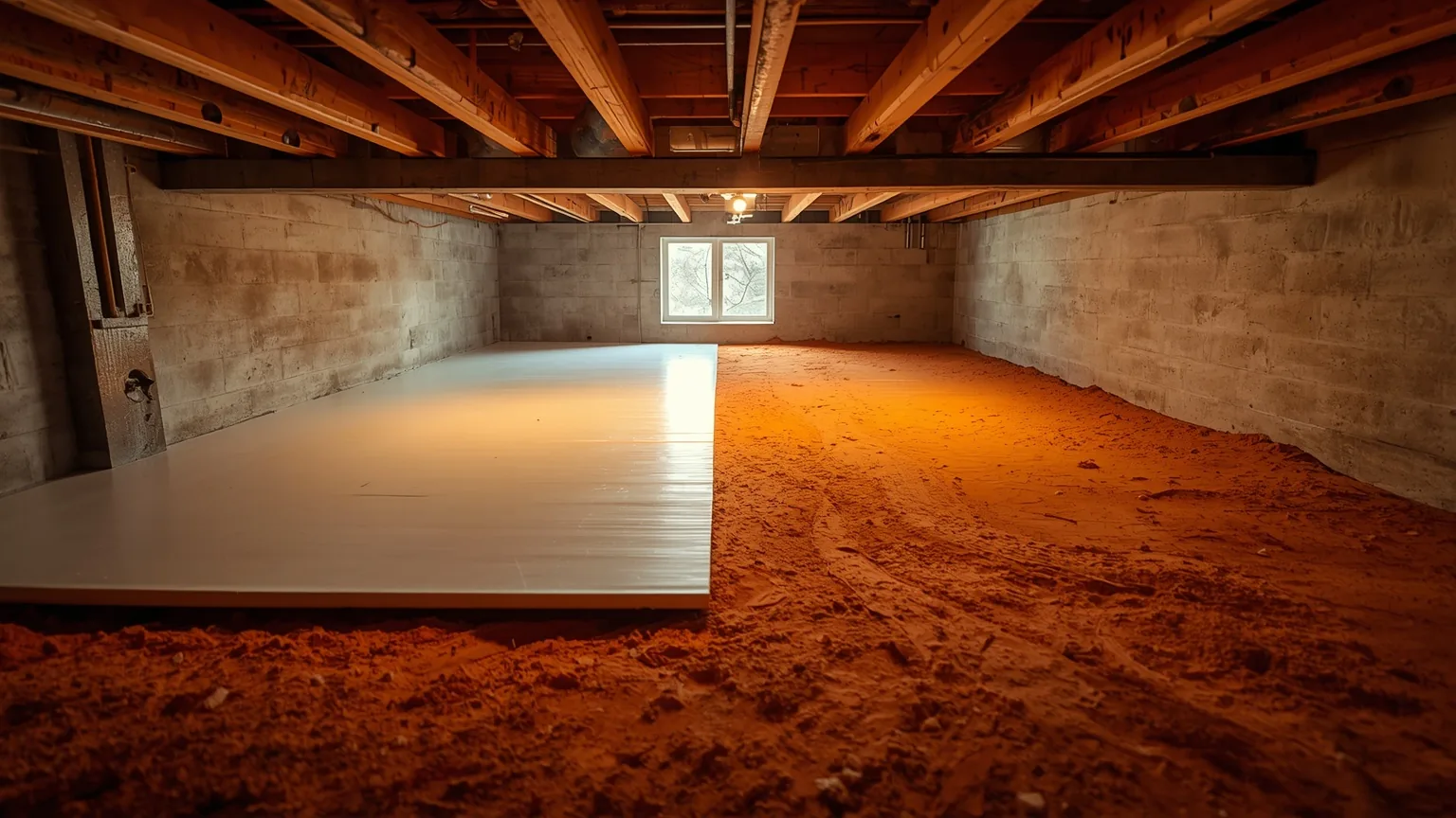 A crawl space floor half covered in liner and half still bare red clay