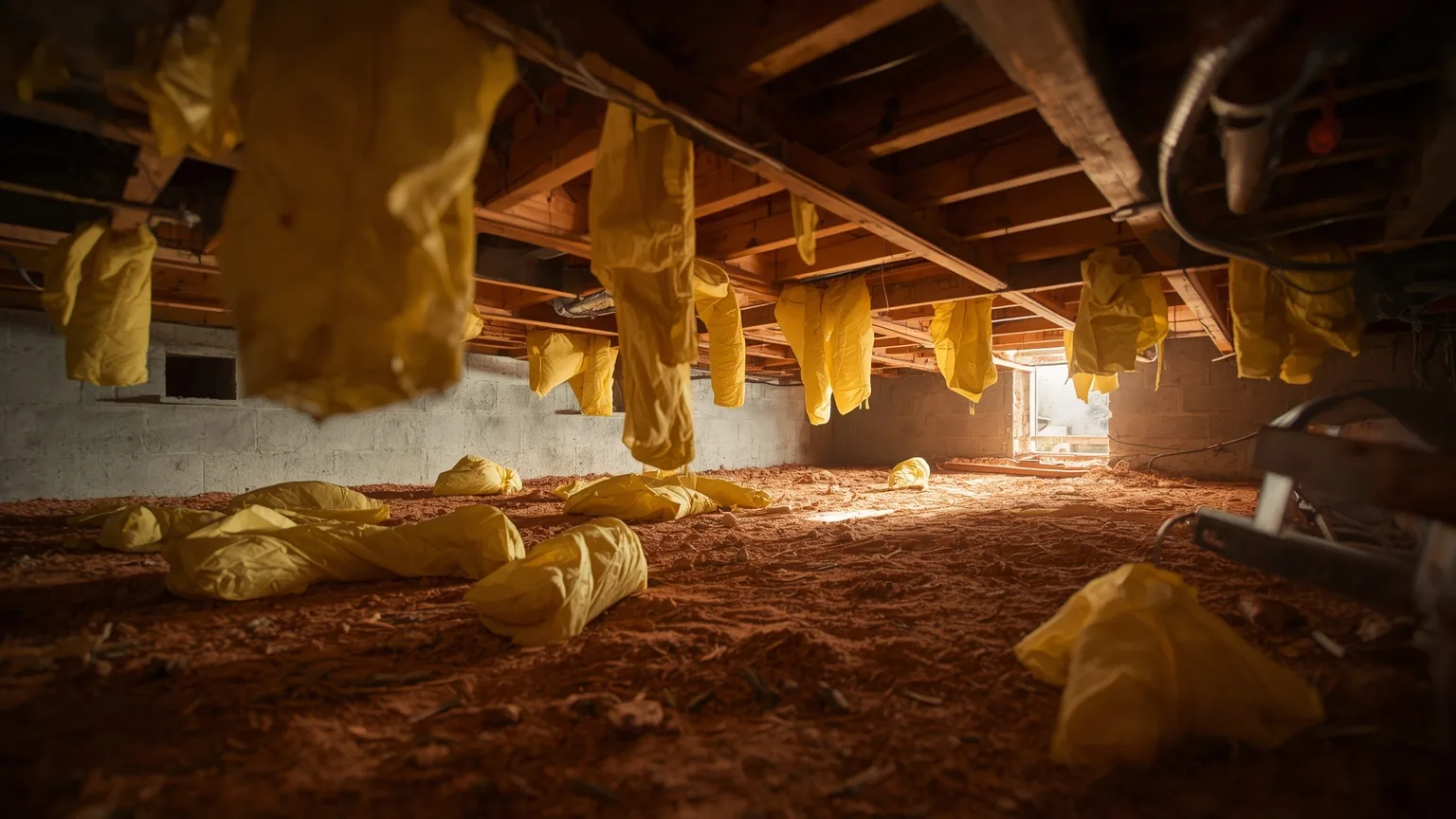Fiberglass insulation batts sagging and fallen from crawl space floor joists