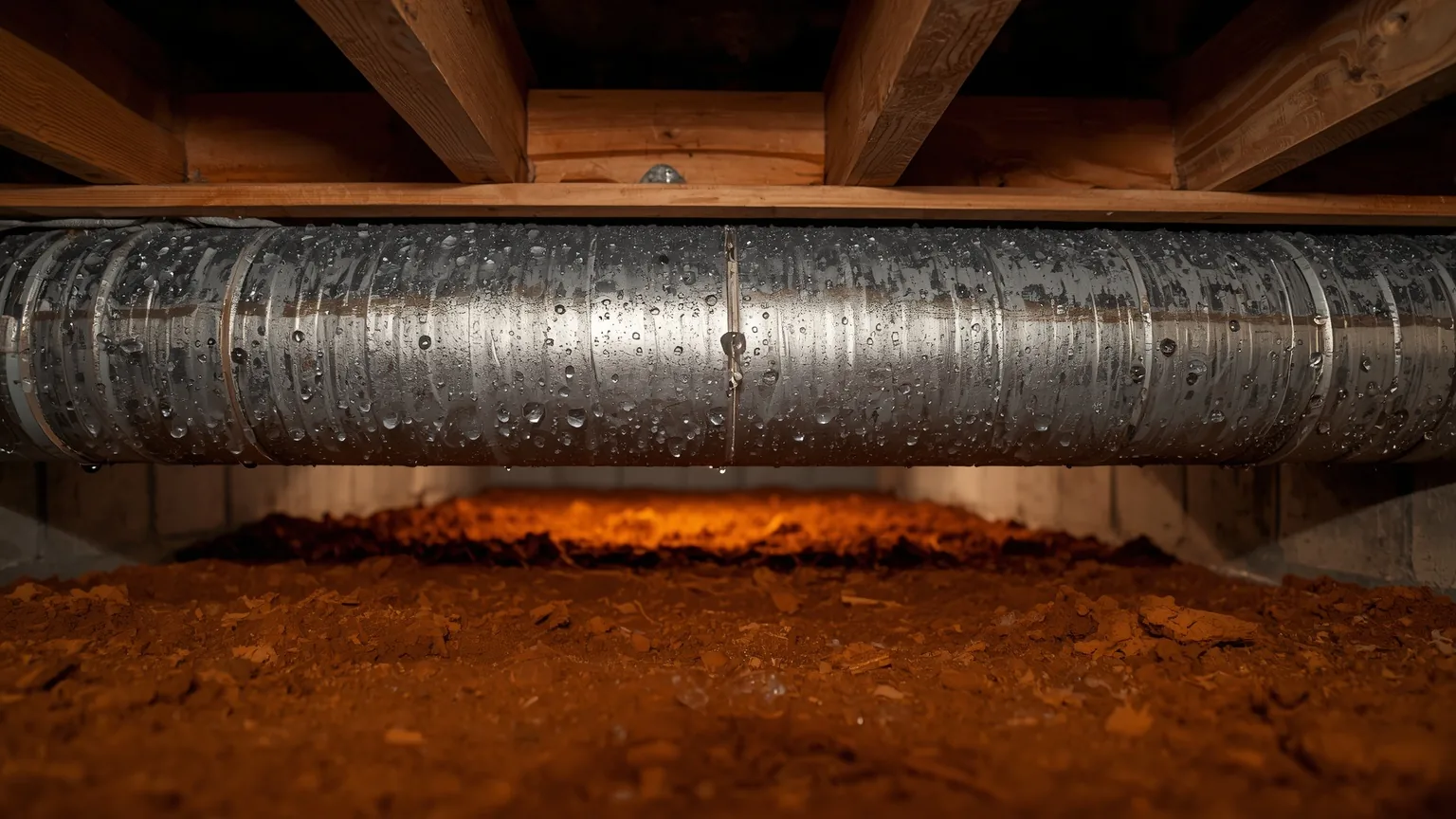 Condensation beading across a galvanized duct in a crawl space