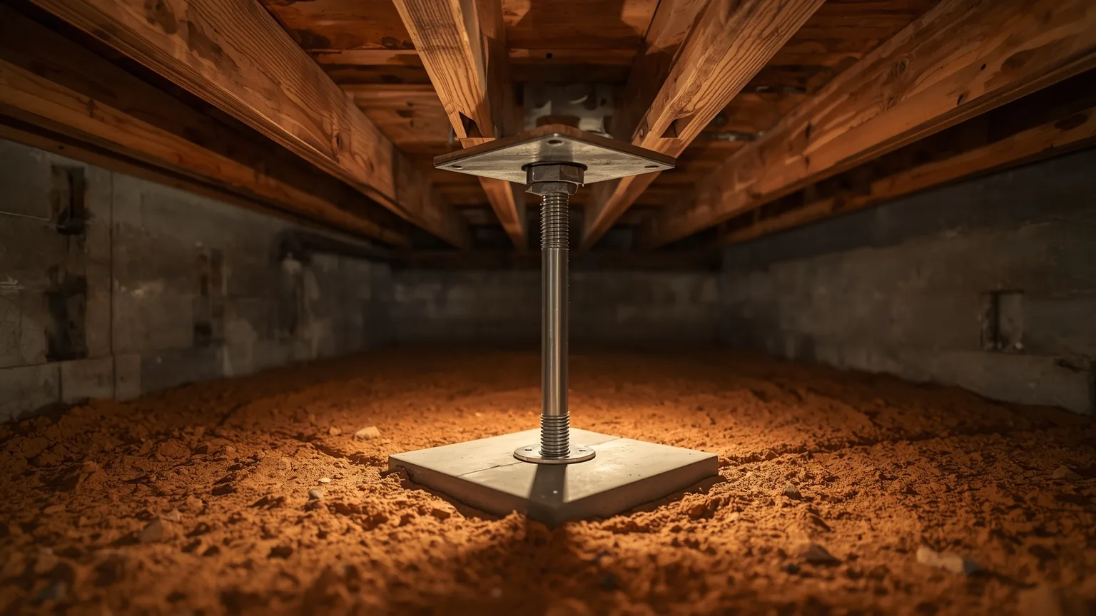 Steel adjustable jack post on a poured concrete footing supporting a crawl space girder