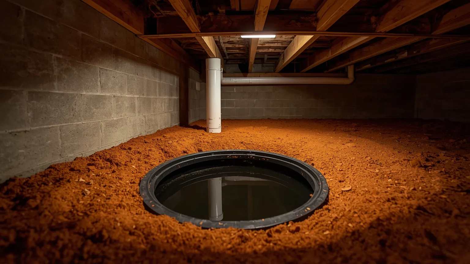 Sump basin set into red clay with standing water and a rigid discharge pipe