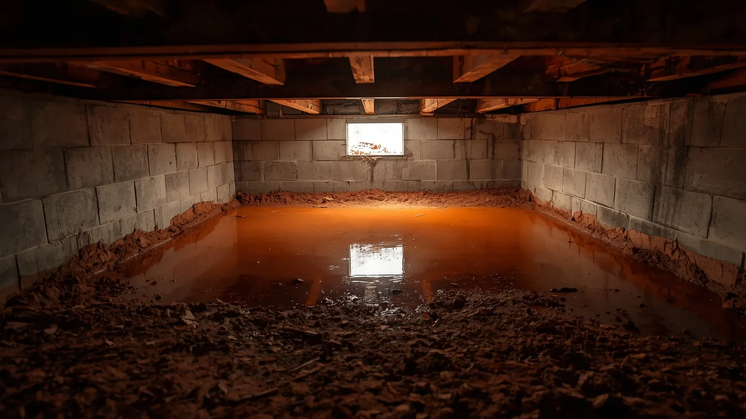 Muddy standing water across red clay at the base of a crawl space block wall