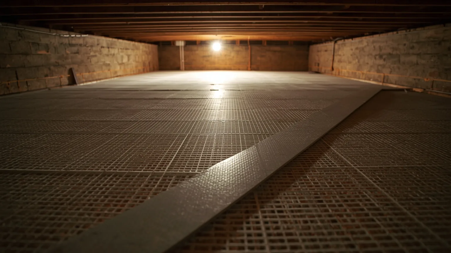 Reinforced crawl space liner showing its woven grid with a taped seam
